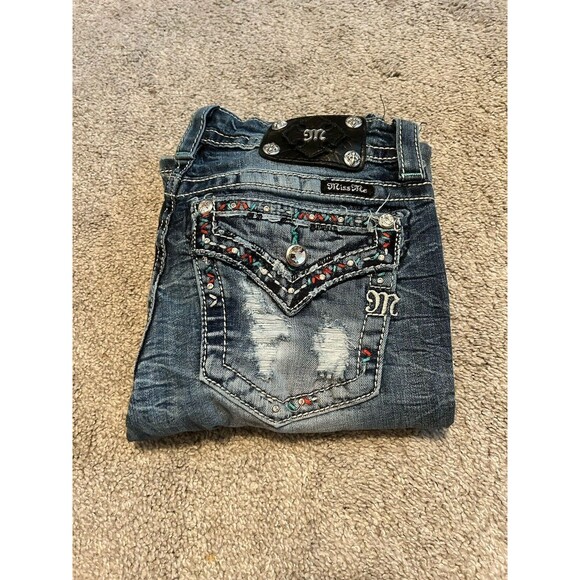 Miss Me JE8115BR Boot Women's Size 29 x 30 Flap Pockets Jeans Red White Blue Gem - Picture 4 of 9